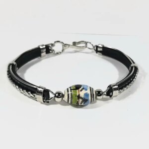 Hand Painted Leather and Silver Bracelet - Oval - Green Blue