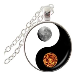 Stainless Steel Cab Silver Yin Yang Moon Sun Black White Necklace