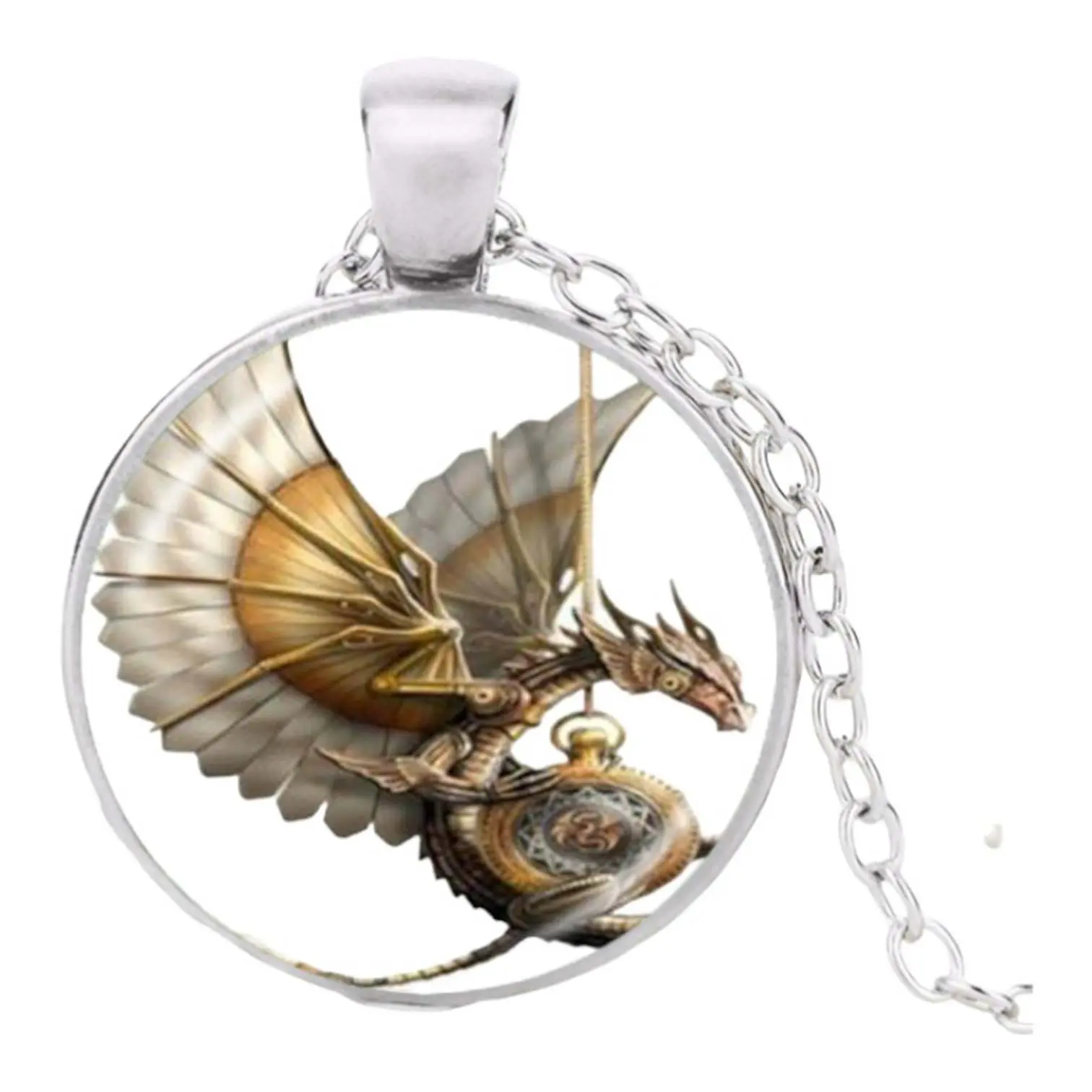 Stainless Steel Cab Silver Punk Dragon White Necklace