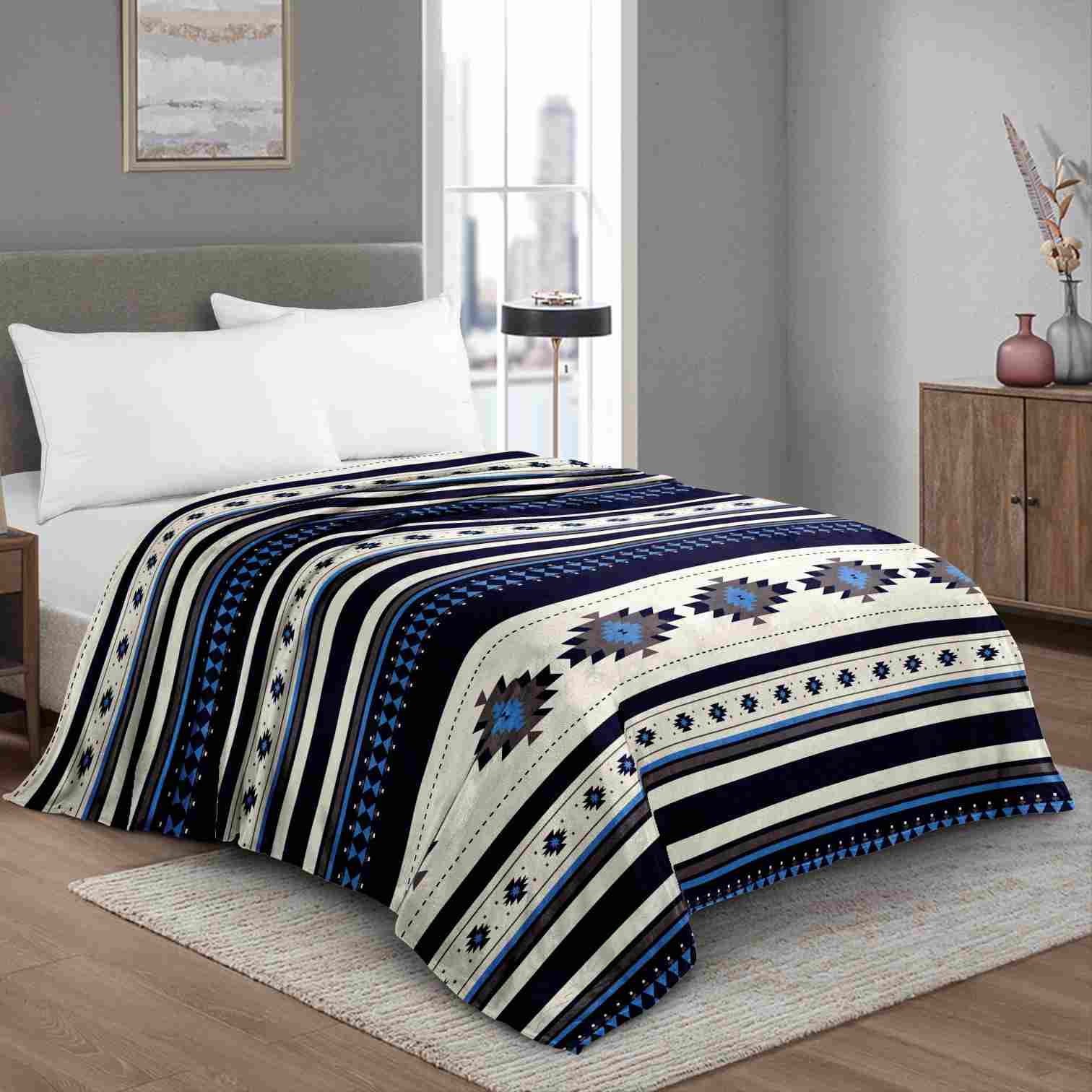 Indian Design Fleece Blanket Blue White