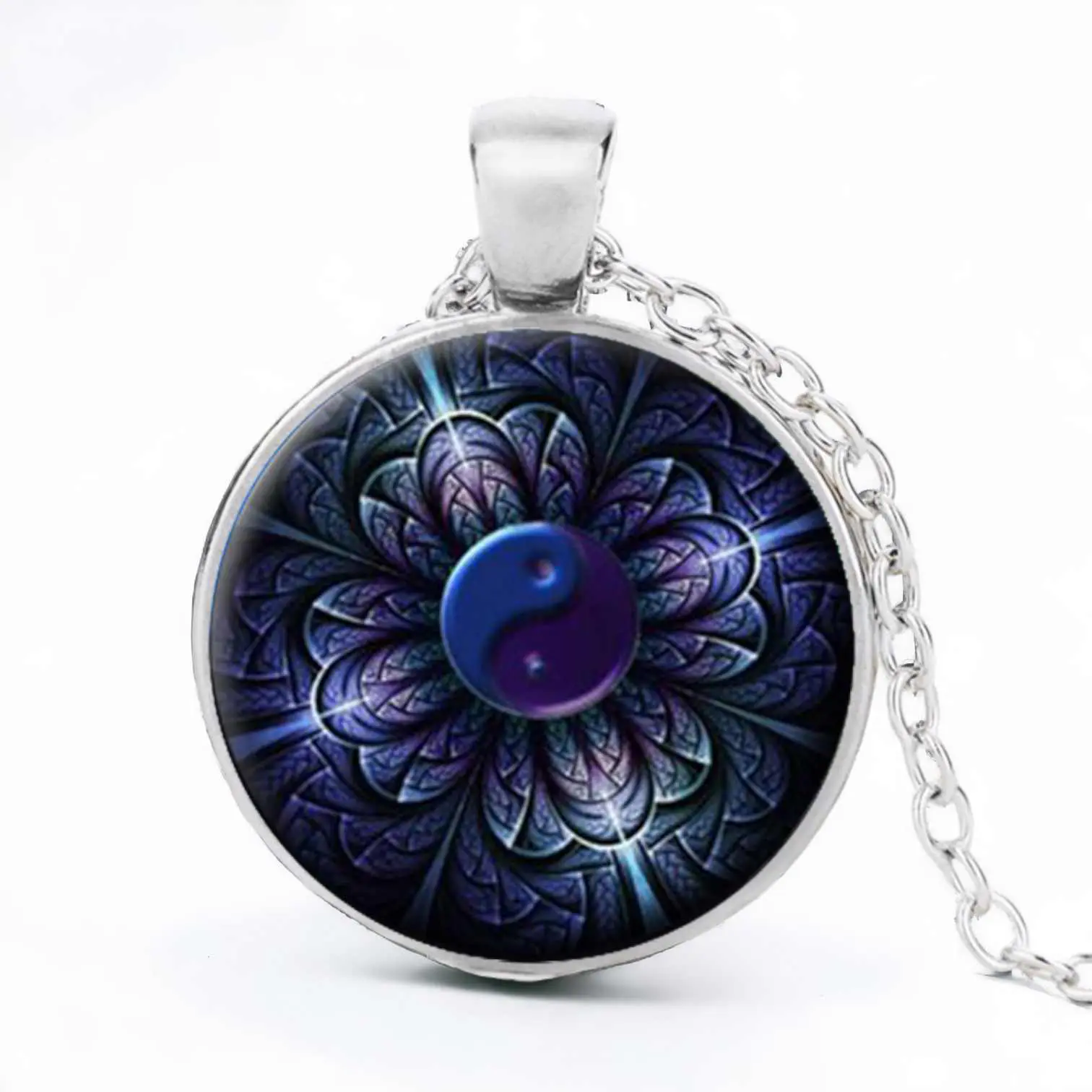 Stainless Steel Cab Silver Flower With Yin Yang Dark Blue Necklace