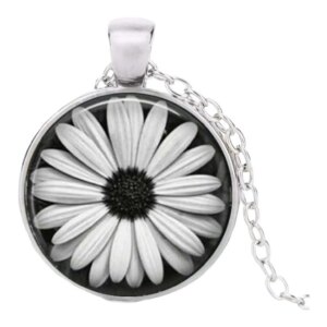 Stainless Steel Cab Silver Daisy Flower White Necklace