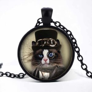 Stainless Steel Cab Black Punk Cat Black Hat Necklace