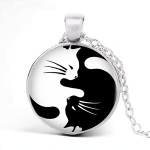 Stainless Steel Cab Silver Cat Yin Yang Black White Necklace