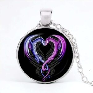 Stainless Steel Cab Silver Dragon Heart Black Bckgrnd Necklace