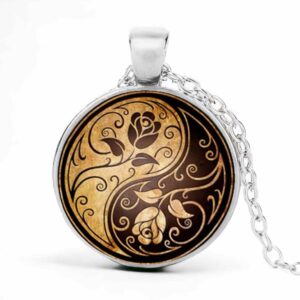 Stainless Steel Cab Silver Flower Yin Yang Dkbrown Tan Necklace