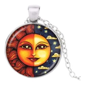 Stainless Steel Cab Silver Half Sun Half Moon Faces Necklace