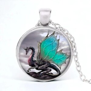 Stainless Steel Cab Silver Dragon Teal Wing Necklace