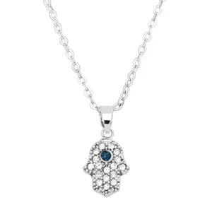 Hamsa Hand Necklace White Gold S1 Clear And Blue