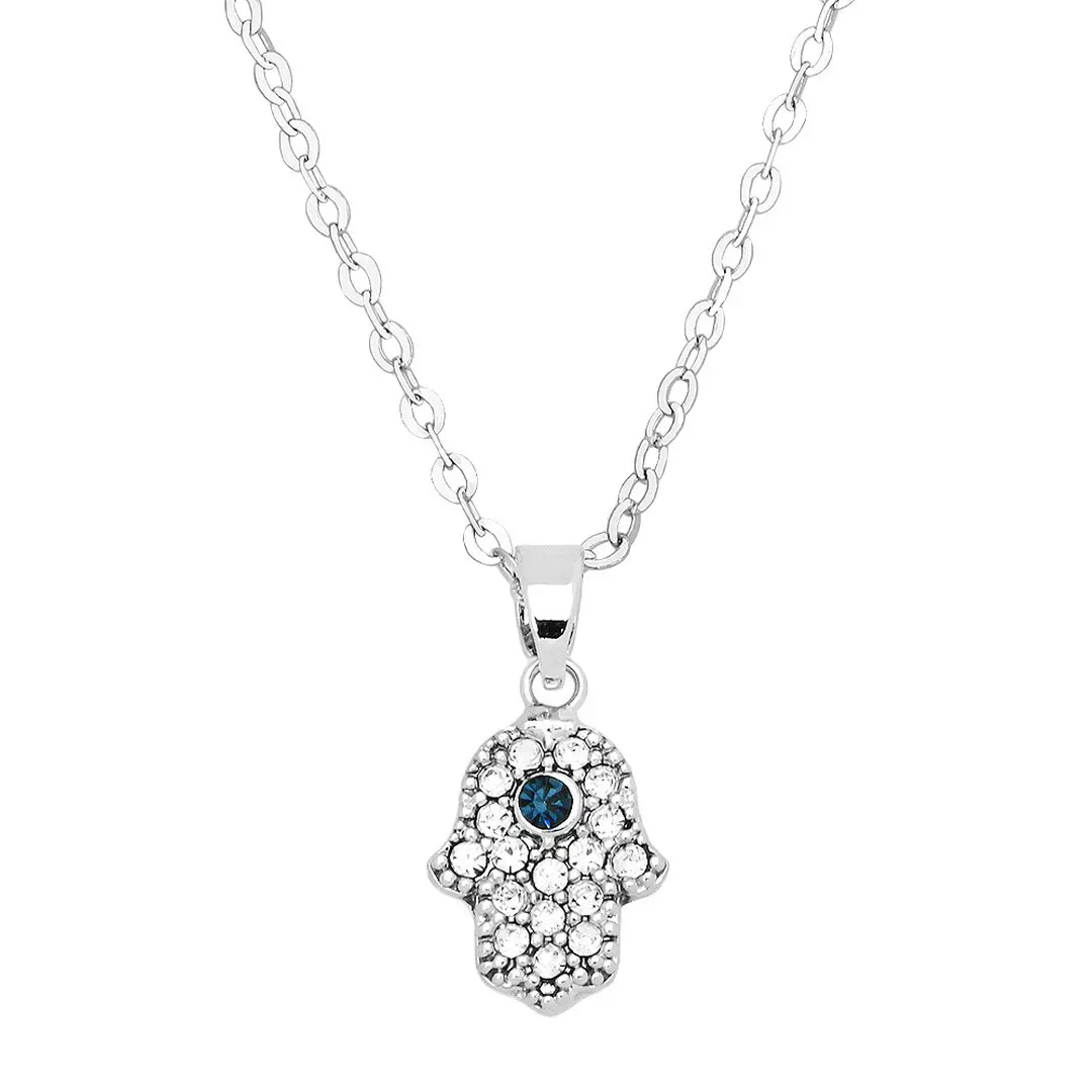 Hamsa Hand Necklace White Gold S1 Clear And Blue