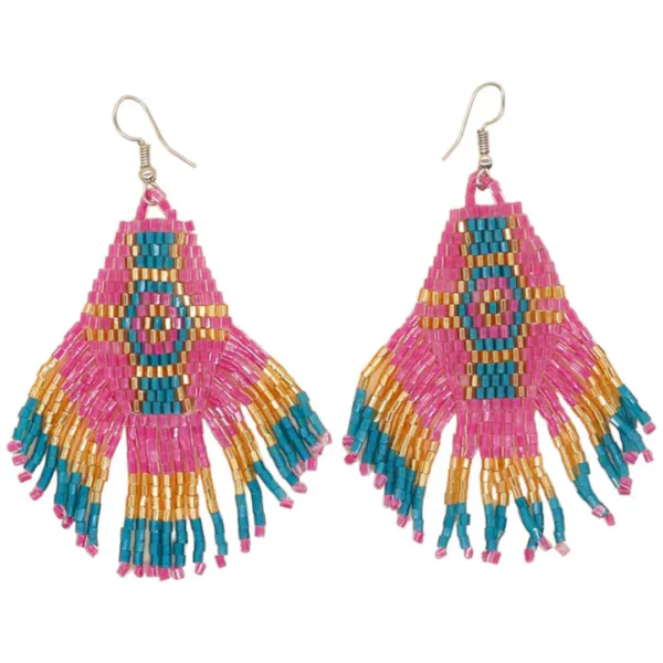 Beaded Earrings Pink Gold Turquoise Miyuki Beads F11