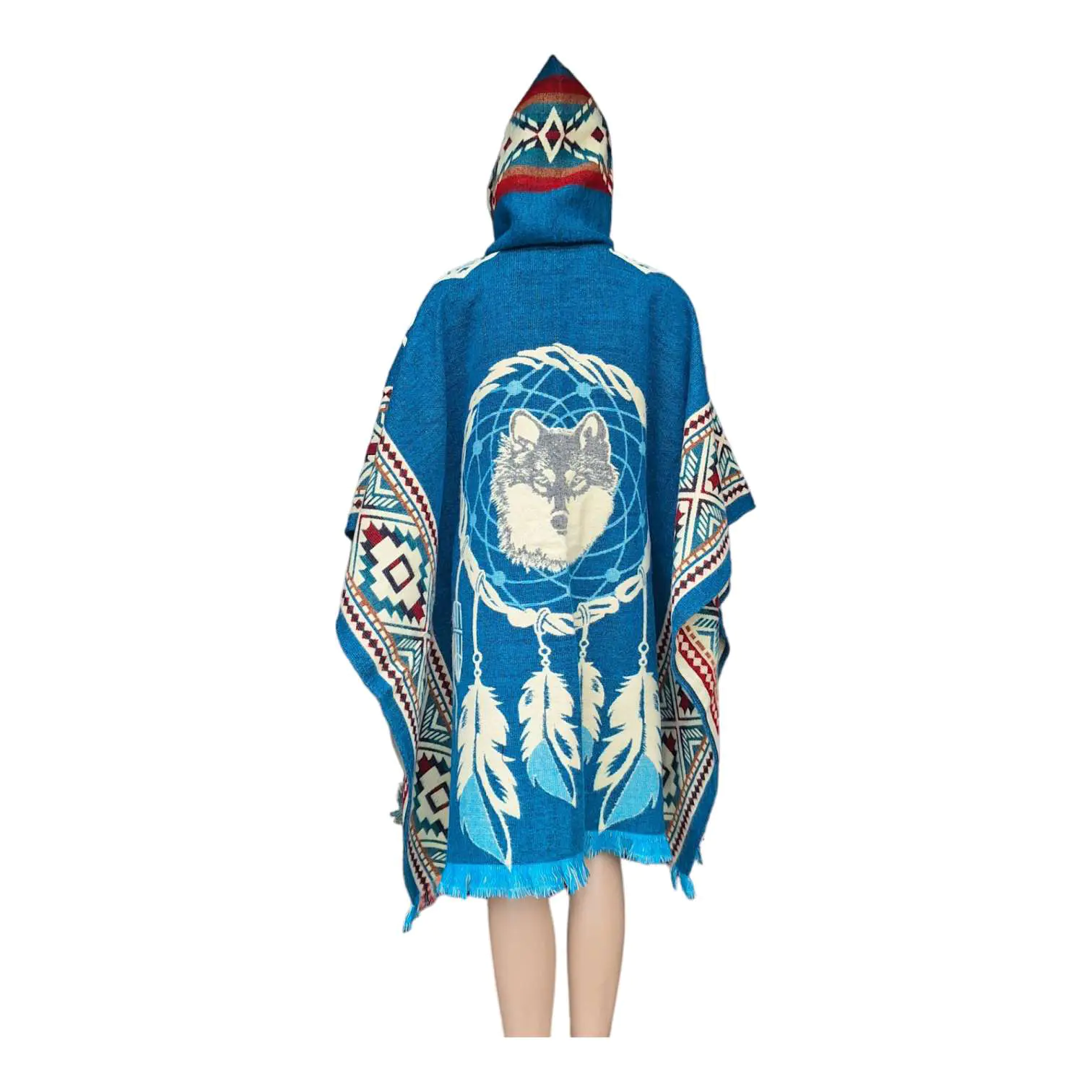 Alpaca Wool Poncho Blue With Wolf Style 1