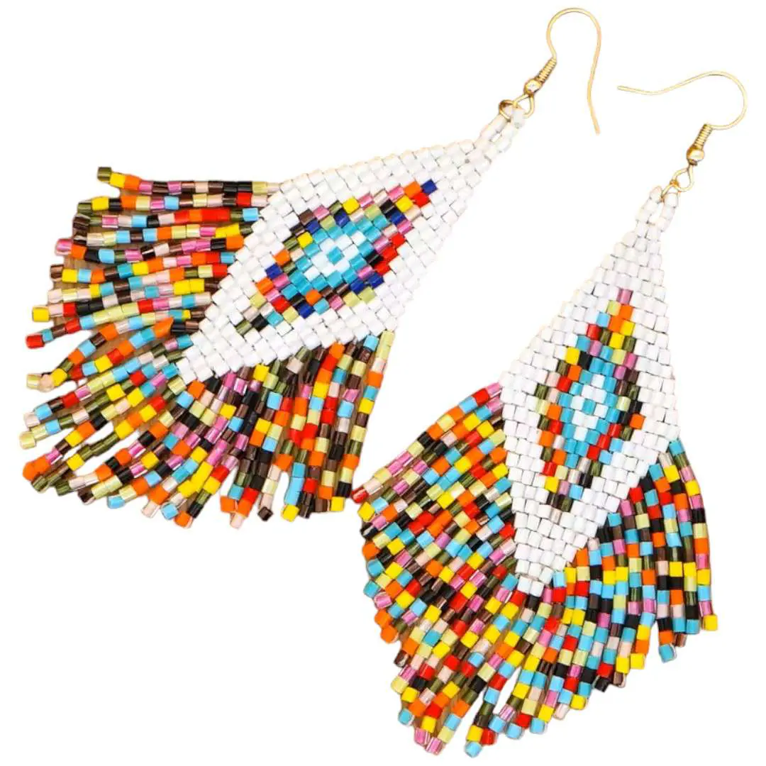 Beaded Earrings White With Multi Colored Miyuki Beads