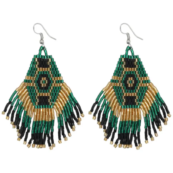 Beaded Earrings Green Gold Black Miyuki Beads F16