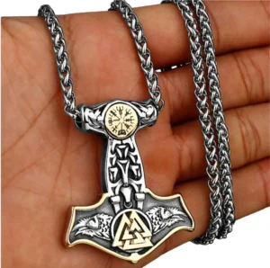 Thor Hammer With Raven Stainless Steel Necklace Gold