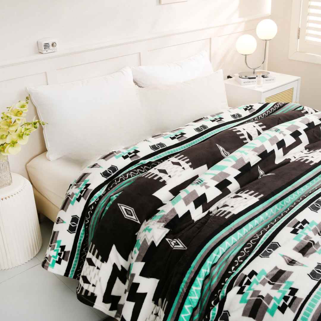 Mint Black And White Native Aztec Plush Blanket