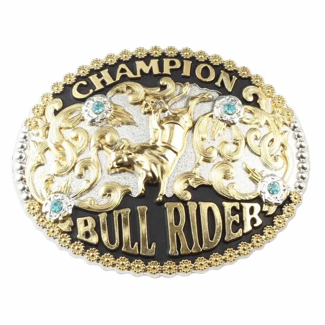 Champion Bull Rider Belt Buckle with Rhinestones-Silver-Black-Gold