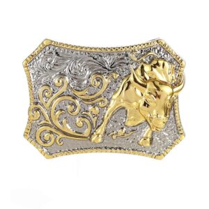 Charging Bull Belt Buckle with Filigree Overlay - Silver-Gold