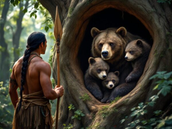 a-native-american-legend-cherokee-a--man-and-a-momma-bear-with-her-cubs-in-a-hollow-tree