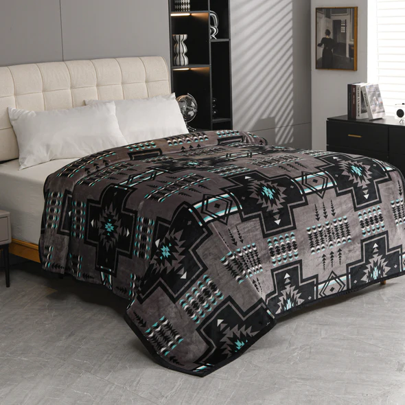 Plush Blanket King Grey, Black And Turquoise