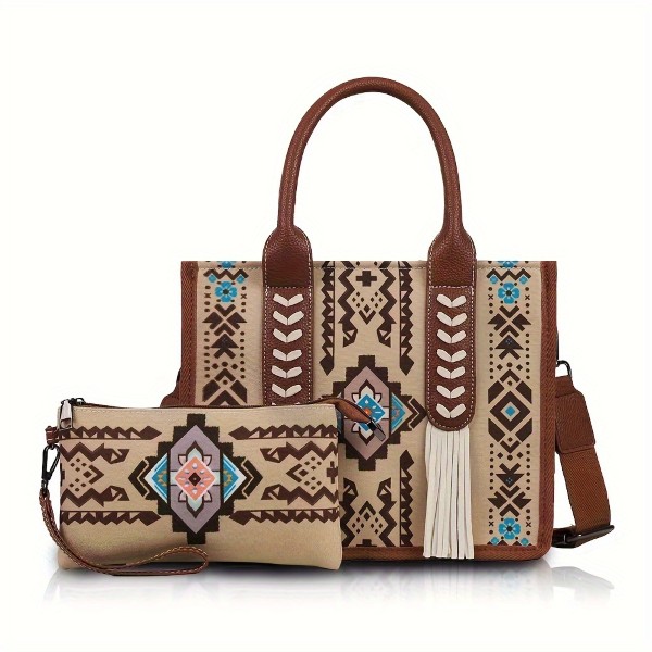Southwestern Cross Body Tote with Wristlet Beige