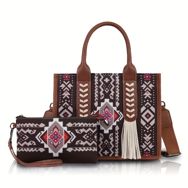 Southwestern Cross Body Tote with Wristlet Coffee