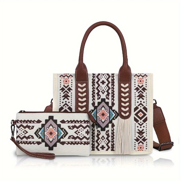 Southwestern Cross Body Tote with Wristlet White