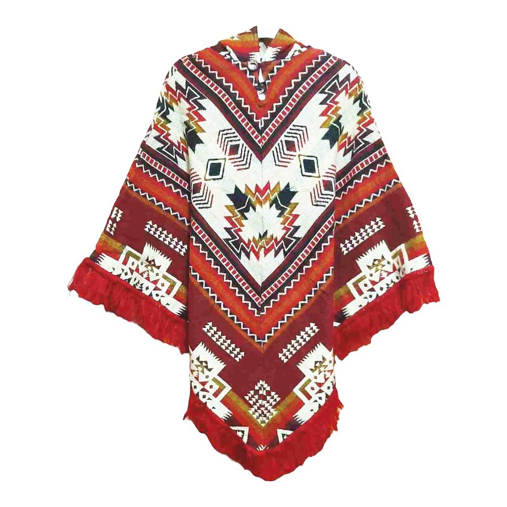 Ecuador Poncho Geometric Diamond Burgundy White Red