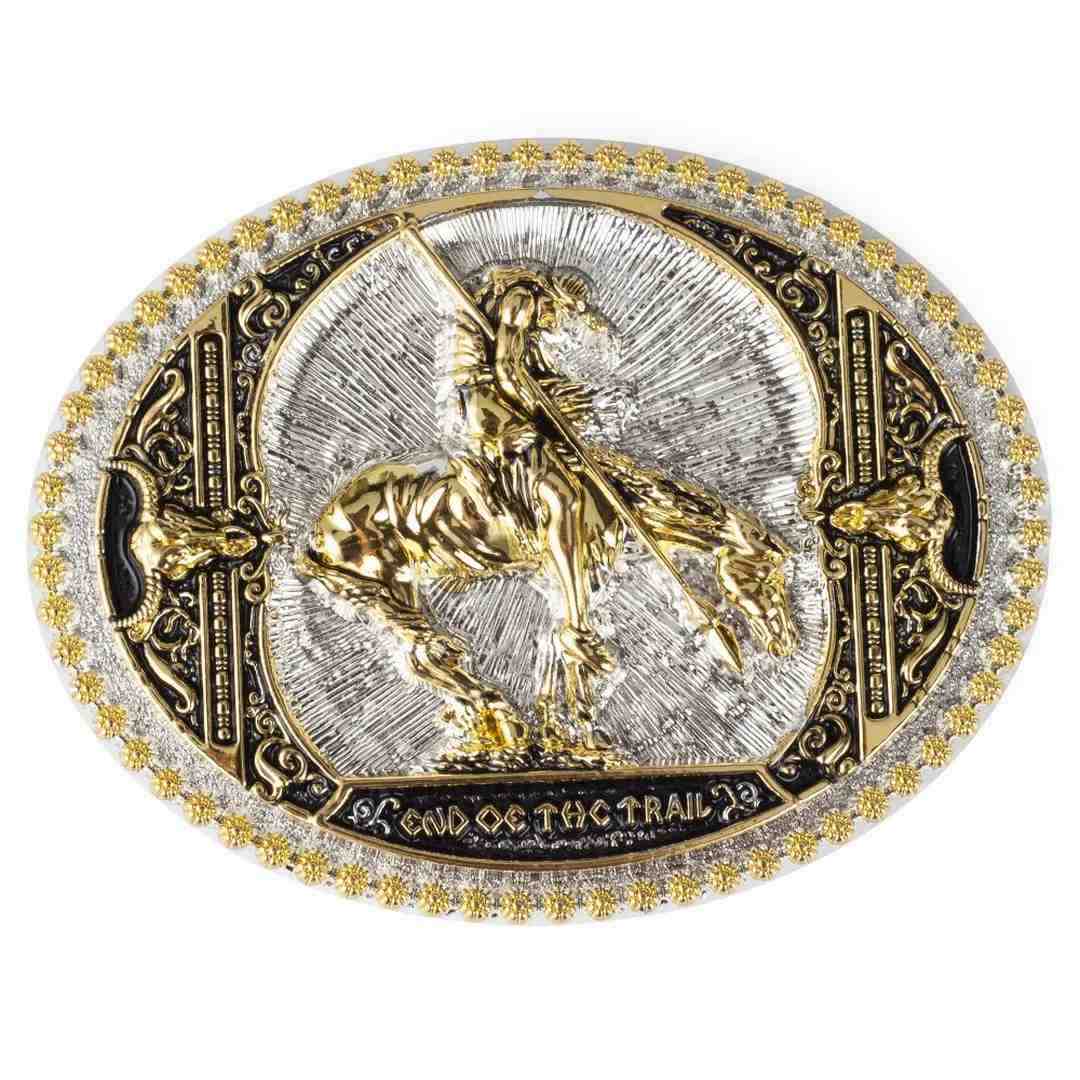 End of the Trail Belt Buckle Gold-Silver-Black
