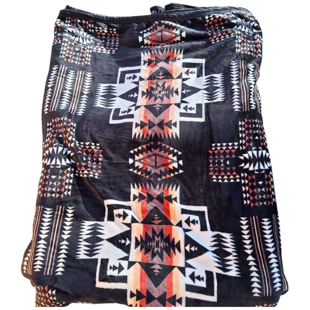 King Size Super Soft Native Aztec Blanket Black White Fire