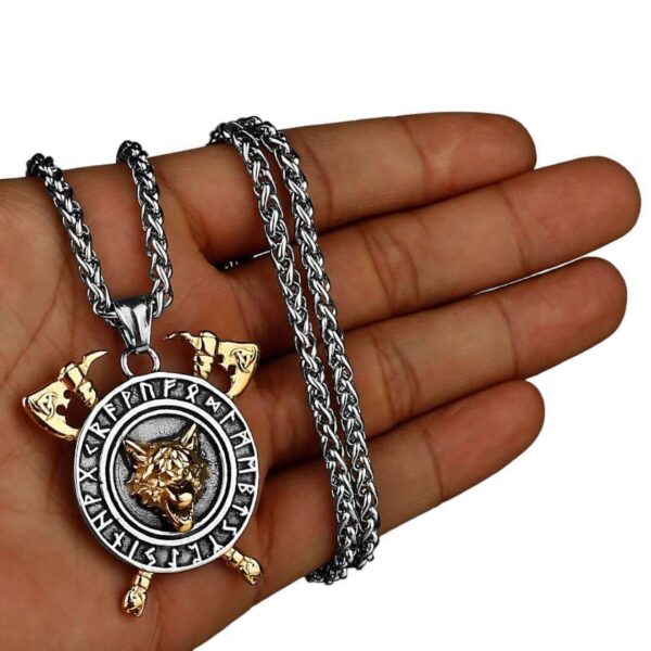 Runic Axe And Shield Stainless Steel Necklace Gold