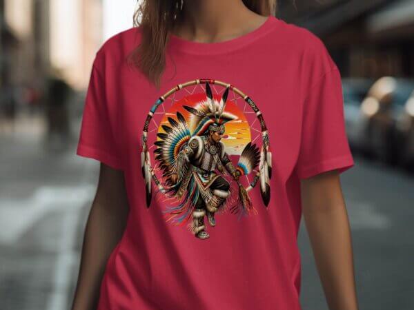 Pink T-shirt with Native American dancer design
