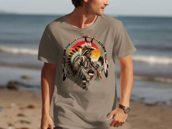 Man wearing Native American dancer graphic T-shirt