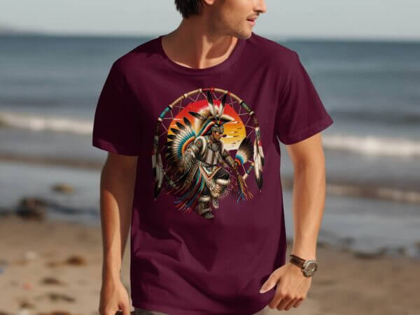 Man wearing maroon T-shirt with dreamcatcher dancer graphic