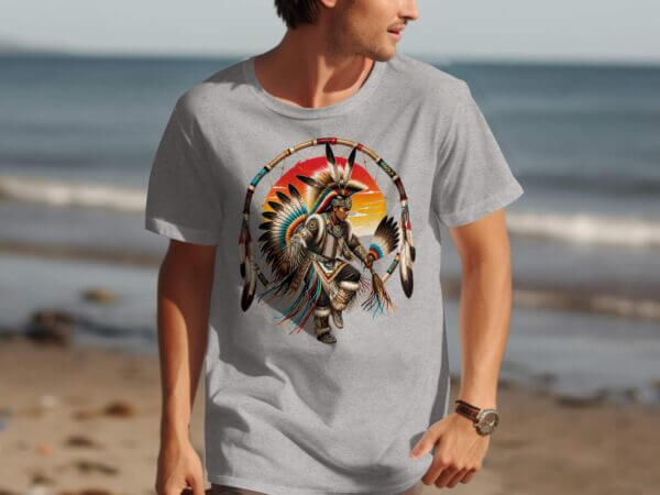 Man wearing Native American dancer dreamcatcher T-shirt