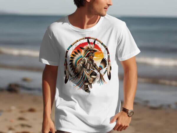 White T-shirt with Native American dancer design