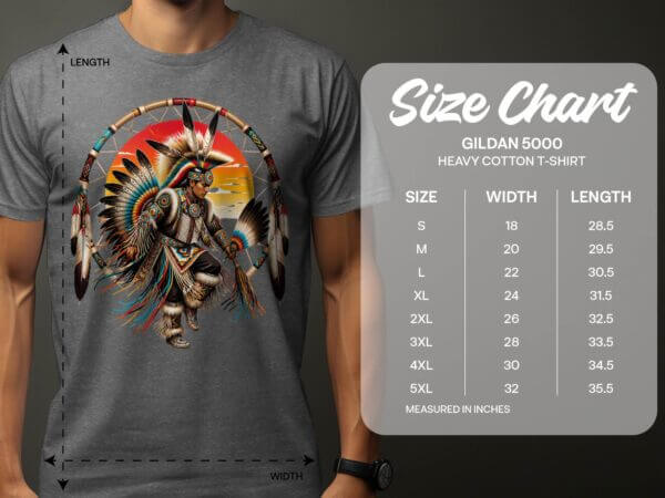 Gray T-shirt with Native dancer design size chart