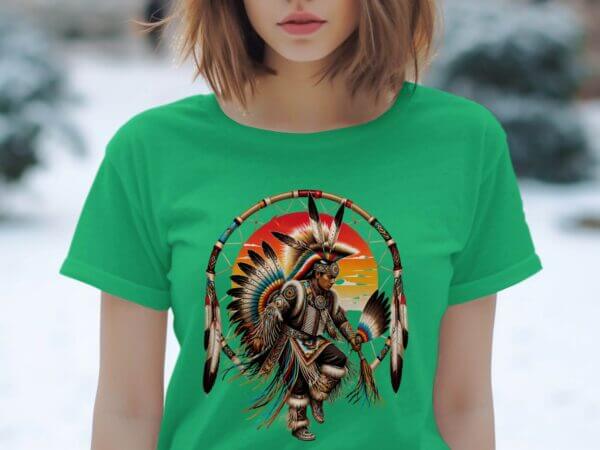 Green T-shirt with Native American dancer design