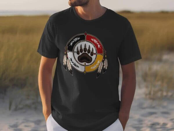 Black T-shirt with bear paw tribal design