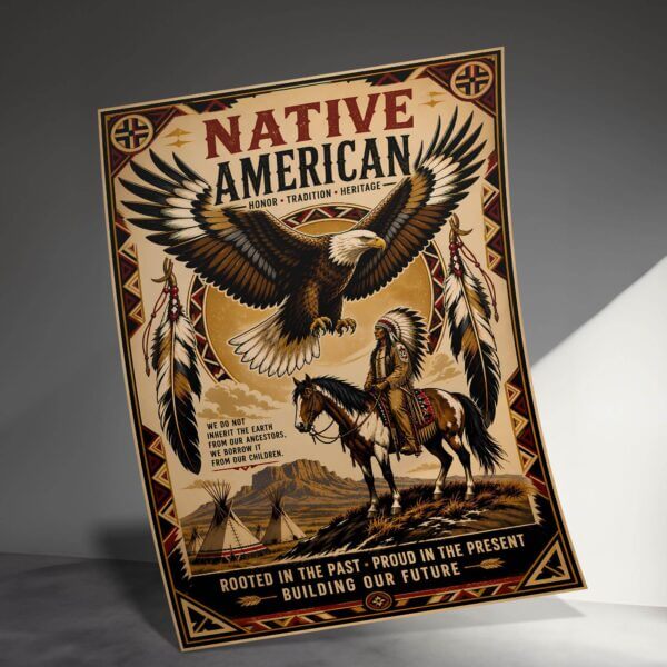 Native American heritage poster with eagle and rider