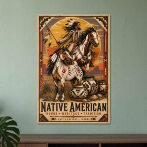 Native American warrior on horseback at sunset
