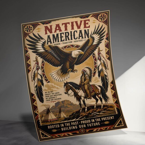 Native American heritage poster with eagle and rider