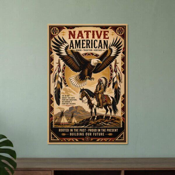 Native American heritage poster with eagle and rider