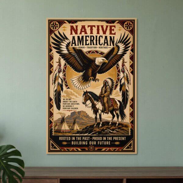 Native American heritage poster with eagle and rider