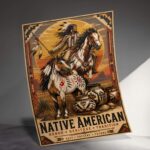 Native American warrior on horseback at sunset poster