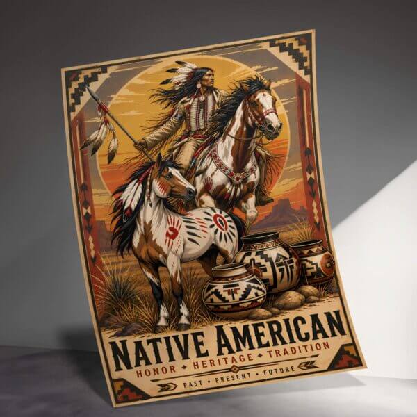 Native American warrior on horseback at sunset poster