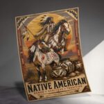Native American rider on horse at sunset poster