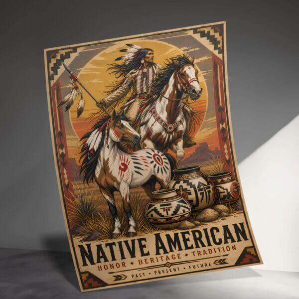 Native American rider on horse at sunset poster