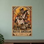 Native American warrior on horseback at sunset poster
