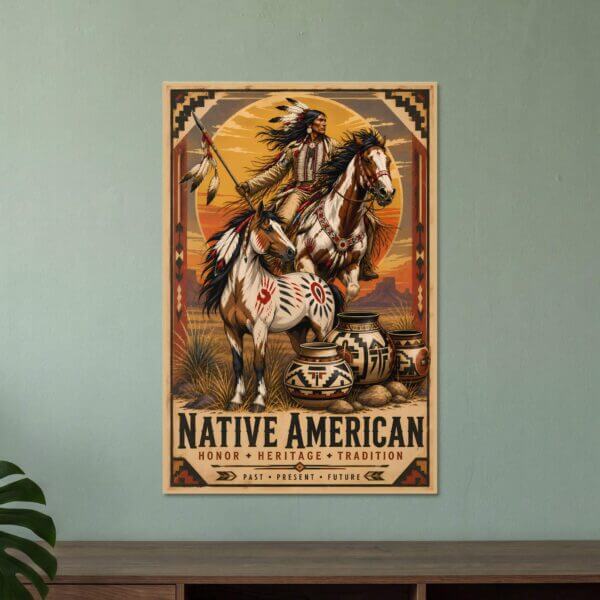 Native American warrior on horseback at sunset poster
